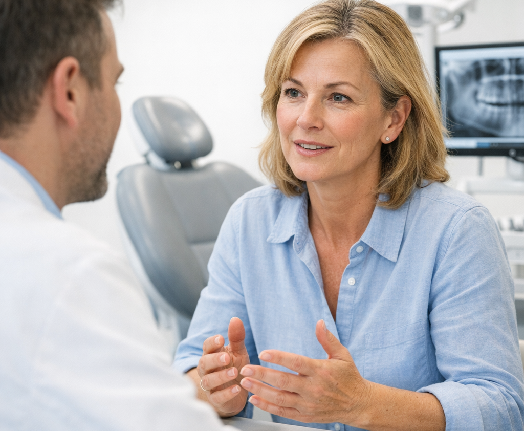 Dental Sedation Consultation in Milton | White Dove Dental Dental sedation in Milton consultation, patient discussing nitrous oxide and oral sedation options with the dentist before treatment