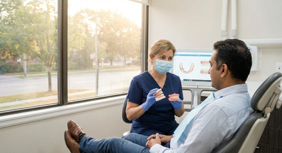 Dentures in Milton consultation, partial and full denture options reviewed at White Dove Dental Dental hygienist demonstrating partial and full dentures in Milton to a patient during a restorative consultation at White Dove Dental