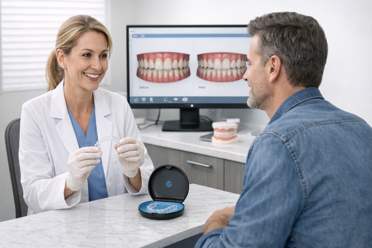 Invisalign in Milton Candidacy Assessment | White Dove Dental Invisalign in Milton candidacy assessment, dentist presenting a clear Invisalign aligner to a patient with a before-and-after digital smile simulation displayed on screen