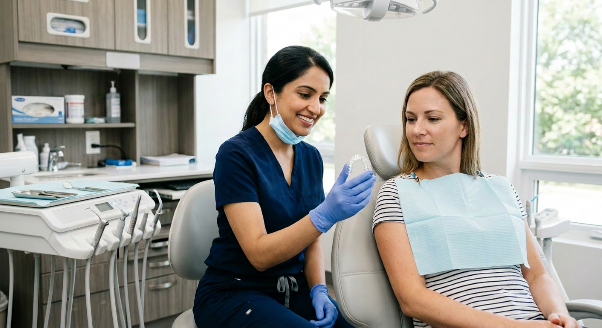 Custom Night Guard Fitting in Milton, Clinical Consultation at White Dove Dental Dentist fitting a custom night guard in Milton during a clinical consultation for bruxism and TMJ protection