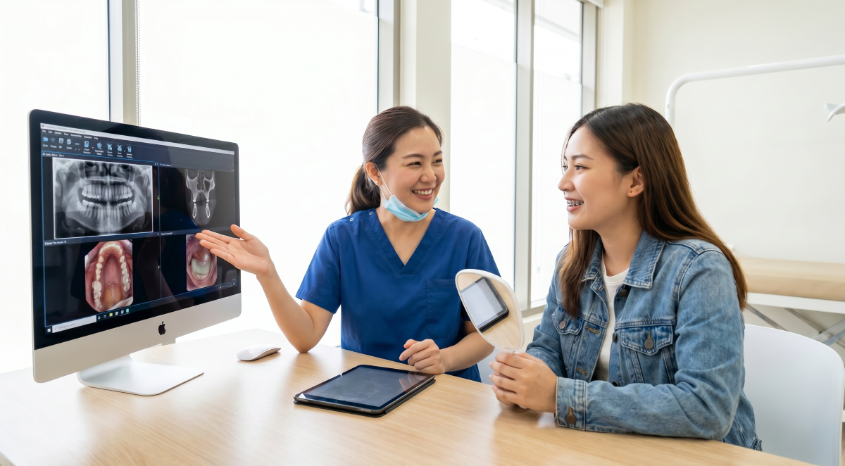 Traditional Braces in Milton Orthodontic Assessment | White Dove Dental Traditional braces in Milton orthodontic assessment, dentist reviewing panoramic X-rays and intraoral photos with a patient wearing metal braces holding a hand mirror
