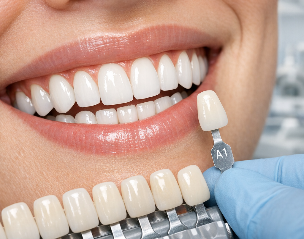 Veneers in Milton, Ontario, Shade Matching at White Dove Dental Veneers in Milton, cosmetic dentist matching a porcelain veneer shade guide to a patient's bright smile at White Dove Dental