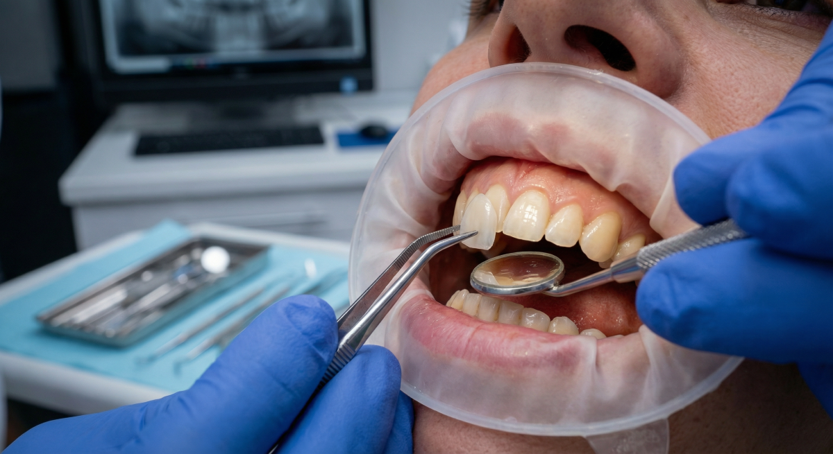 Veneers in Milton Procedure, Precision Bonding at White Dove Dental Veneers in Milton procedure, dentist evaluating tooth shade and bonding a porcelain veneer during a cosmetic appointment at White Dove Dental